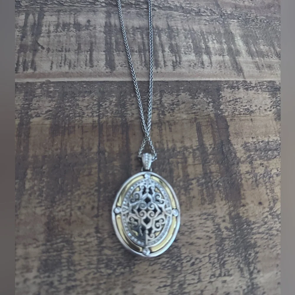 Brighton Double Sided Oval Silver With Gold & Rhinestone Accent Necklace